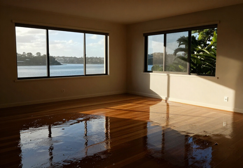 Flooded living room in Davidson before restoration